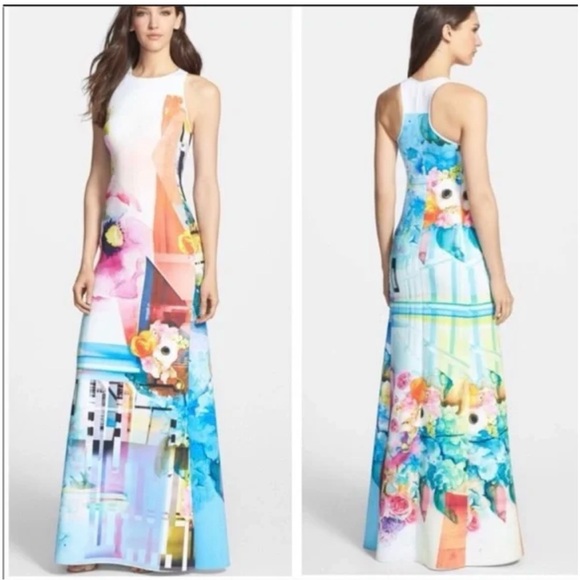 Clover Canyon Maxi Dress Florescent Rose Floral Abstract Neoprene Scuba Runway - Picture 3 of 16